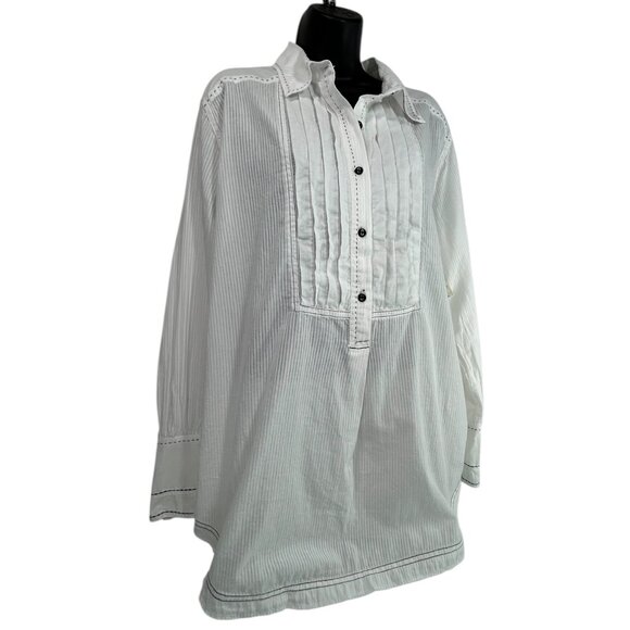 WE THE FREE Black Tie Tux Shirt Sz L White Pintuck Button Up Tunic 100% Cotton - Picture 6 of 12